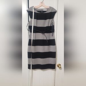 Striped Black and Gray Sheath Dress with Belt
